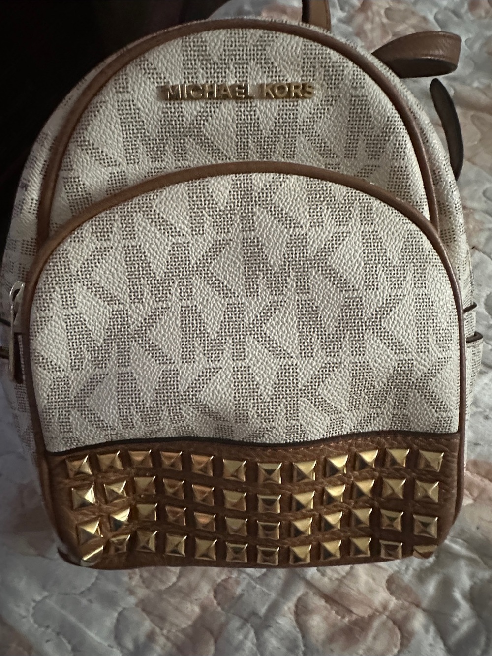 Michael Kors Cream Signature Mini Backpack with Gold Studs